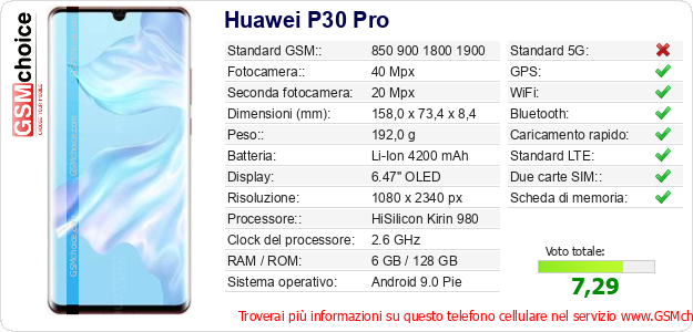 Huawei P30 Pro Dati tecnici di telefono cellulare 