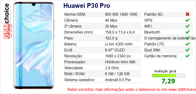 Huawei P30 Pro Especificações técnicas do telemóvel Huawei P30 Pro Especificações técnicas do telemóvel