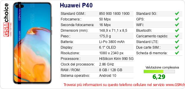 Huawei P40 Dati tecnici di telefono cellulare 