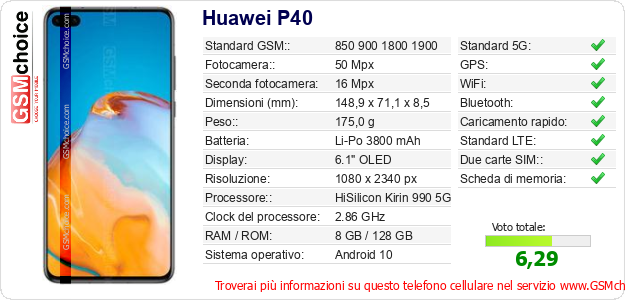 Huawei P40 Dati tecnici di telefono cellulare 