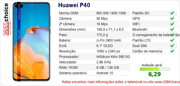 Huawei P40 Especificações técnicas do telemóvel Huawei P40 Especificações técnicas do telemóvel