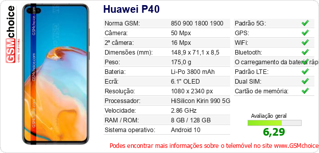 Huawei P40 Especificações técnicas do telemóvel 