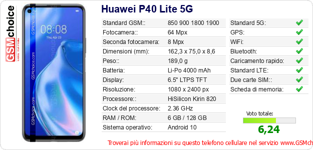 Huawei P40 Lite 5G Dati tecnici di telefono cellulare  Huawei P40 Lite 5G Dati tecnici di telefono cellulare