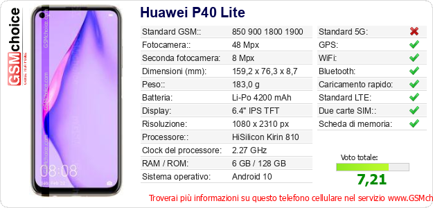 Huawei P40 Lite Dati tecnici di telefono cellulare Huawei P40 Lite Dati tecnici di telefono cellulare