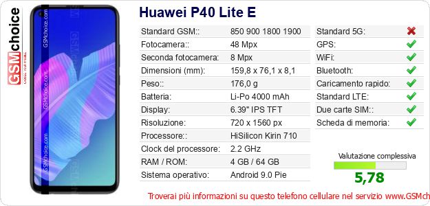Huawei P40 Lite E Dati tecnici di telefono cellulare Huawei P40 Lite E Dati tecnici di telefono cellulare