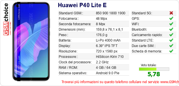 Huawei P40 Lite E Dati tecnici di telefono cellulare Huawei P40 Lite E Dati tecnici di telefono cellulare