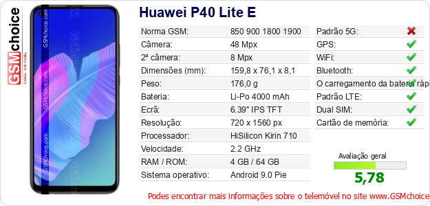 Huawei P40 Lite E Especificações técnicas do telemóvel Huawei P40 Lite E Especificações técnicas do telemóvel