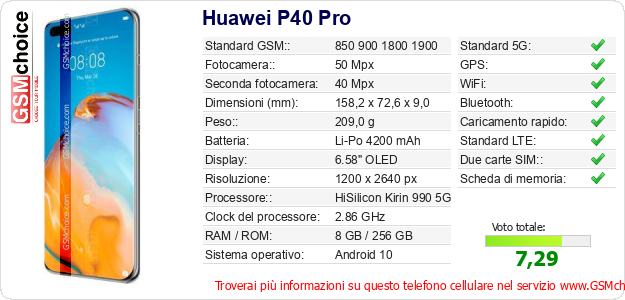 Huawei P40 Pro Dati tecnici di telefono cellulare 