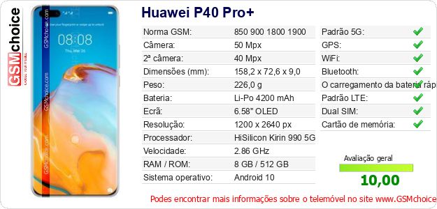 Huawei P40 Pro+ Especificações técnicas do telemóvel 