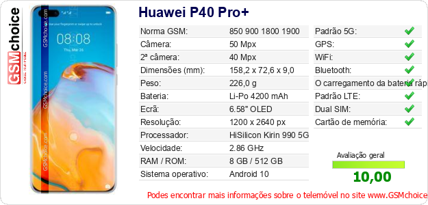 Huawei P40 Pro+ Especificações técnicas do telemóvel 