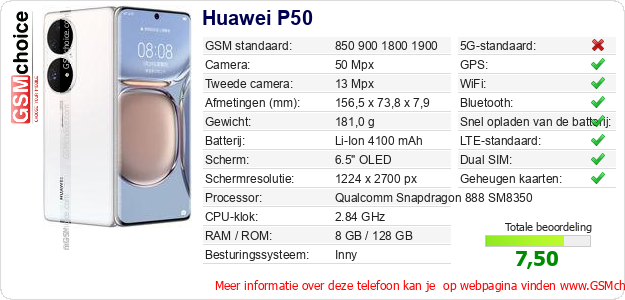 Huawei P50 Technische gegevens Huawei P50 Technische gegevens