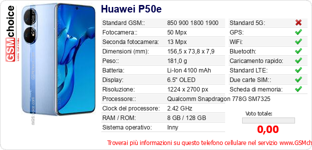 Huawei P50e Dati tecnici di telefono cellulare Huawei P50e Dati tecnici di telefono cellulare
