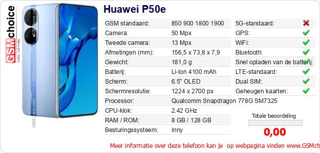 Huawei P50e Technische gegevens Huawei P50e Technische gegevens