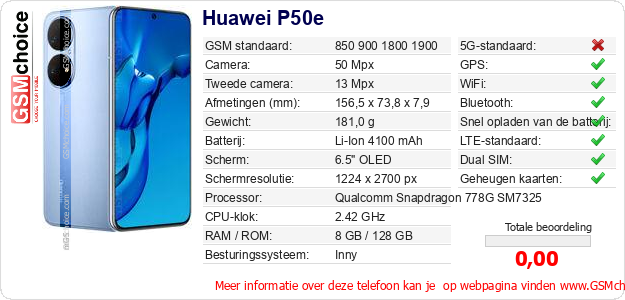 Huawei P50e Technische gegevens Huawei P50e Technische gegevens