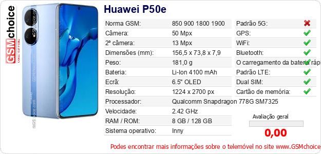 Huawei P50e Especificações técnicas do telemóvel Huawei P50e Especificações técnicas do telemóvel