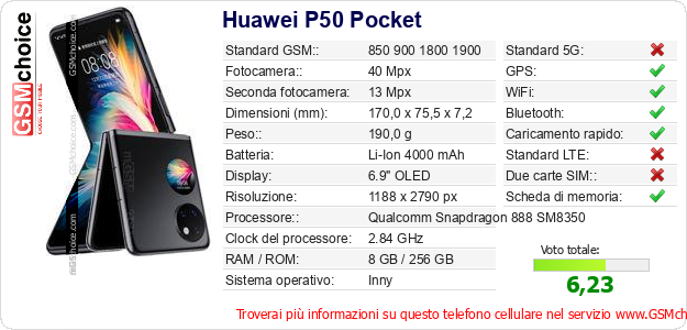Huawei P50 Pocket Dati tecnici di telefono cellulare 