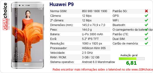 Huawei P9 Especificações técnicas do telemóvel Huawei P9 Especificações técnicas do telemóvel
