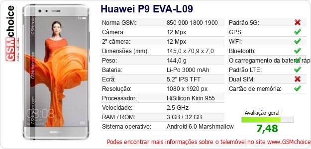 Huawei P9 EVA-L09 Especificações técnicas do telemóvel Huawei P9 EVA-L09 Especificações técnicas do telemóvel