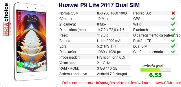 Huawei P9 Lite 2017 Dual SIM Especificações técnicas do telemóvel 