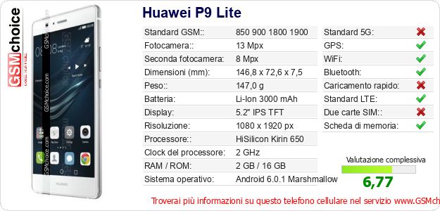 Huawei P9 Lite Dati tecnici di telefono cellulare Huawei P9 Lite Dati tecnici di telefono cellulare