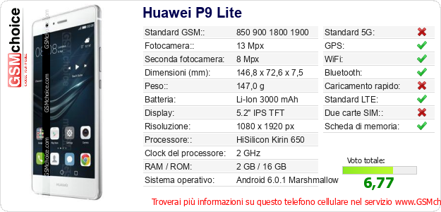 Huawei P9 Lite Dati tecnici di telefono cellulare Huawei P9 Lite Dati tecnici di telefono cellulare