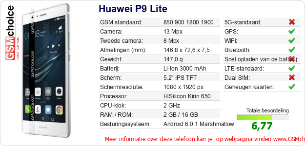 Huawei P9 Lite Technische gegevens Huawei P9 Lite Technische gegevens