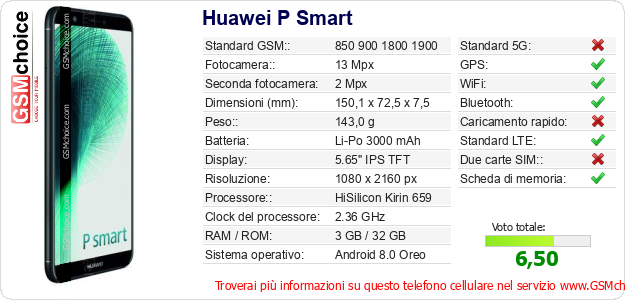 Huawei P Smart Dati tecnici di telefono cellulare Huawei P Smart Dati tecnici di telefono cellulare