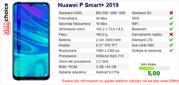 Huawei P Smart+ 2019 Dati tecnici di telefono cellulare 