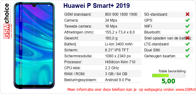 Huawei P Smart+ 2019 Technische gegevens 