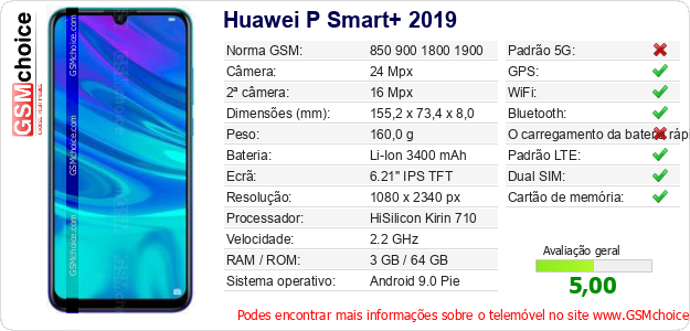 Huawei P Smart+ 2019 Especificações técnicas do telemóvel 