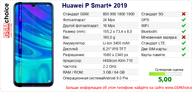 Huawei P Smart+ 2019 Технические данные телефона Huawei P Smart+ 2019 Технические данные телефона