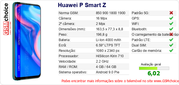 Huawei P Smart Z Especificações técnicas do telemóvel Huawei P Smart Z Especificações técnicas do telemóvel