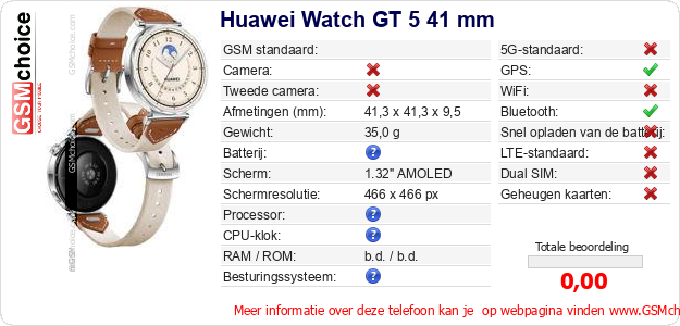 Huawei Watch GT 5 41 mm Technische gegevens Huawei Watch GT 5 41 mm Technische gegevens