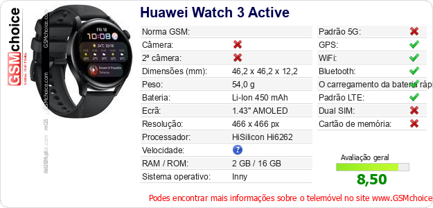 Huawei Watch 3 Active Especificações técnicas do telemóvel 