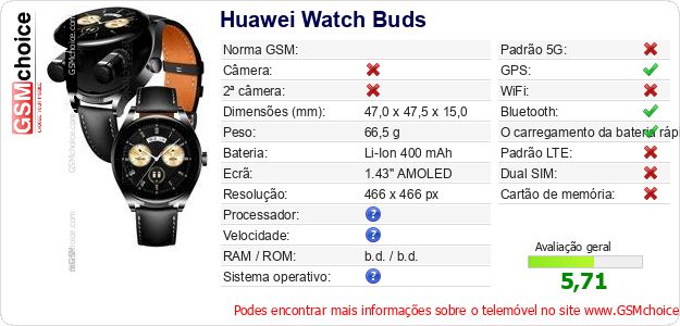 Huawei Watch Buds Especificações técnicas do telemóvel Huawei Watch Buds Especificações técnicas do telemóvel