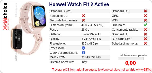 Huawei Watch Fit 2 Active Dati tecnici di telefono cellulare Huawei Watch Fit 2 Active Dati tecnici di telefono cellulare