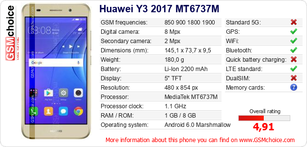 Huawei Y3 2017 MT6737M technical specifications Huawei Y3 2017 MT6737M technical specifications