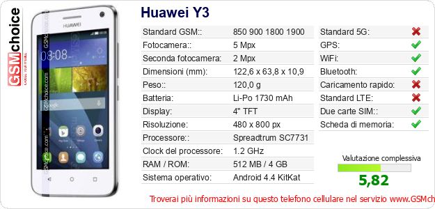 Huawei Y3 Dati tecnici di telefono cellulare Huawei Y3 Dati tecnici di telefono cellulare