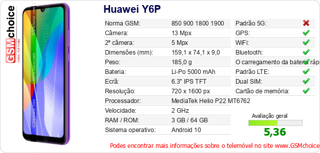 Huawei Y6P Especificações técnicas do telemóvel 