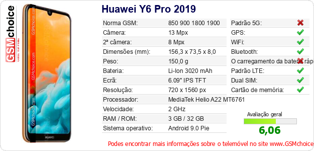 Huawei Y6 Pro 2019 Especificações técnicas do telemóvel 