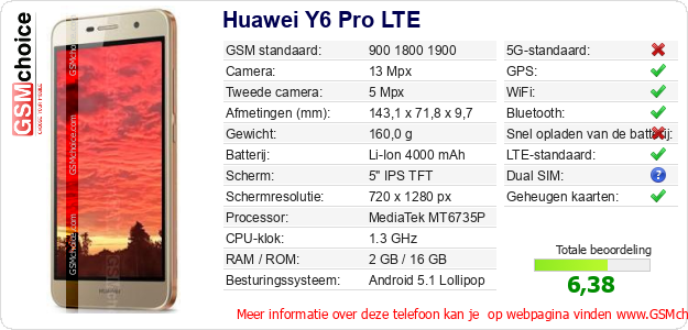 Huawei Y6 Pro LTE Technische gegevens Huawei Y6 Pro LTE Technische gegevens