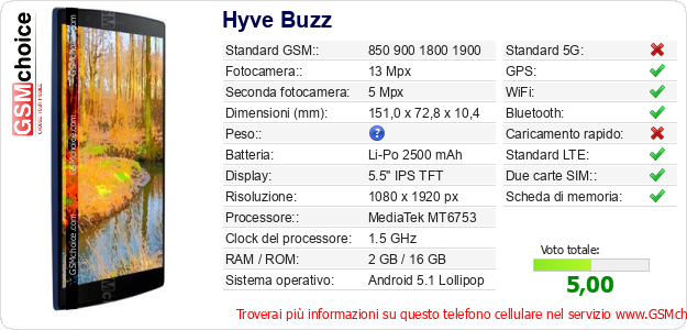 Hyve Buzz Dati tecnici di telefono cellulare 