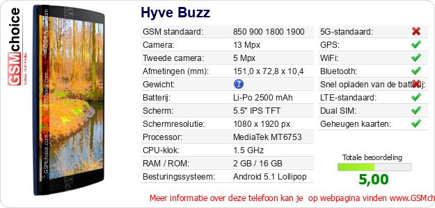 Hyve Buzz Technische gegevens 
