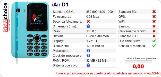 iAir D1 Dati tecnici di telefono cellulare iAir D1 Dati tecnici di telefono cellulare
