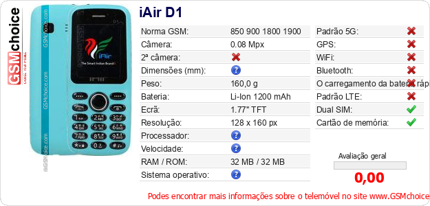 iAir D1 Especificações técnicas do telemóvel 