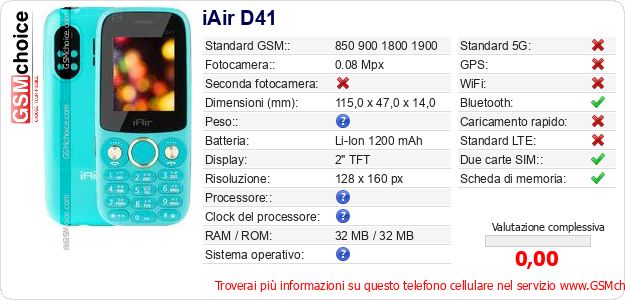 iAir D41 Dati tecnici di telefono cellulare 