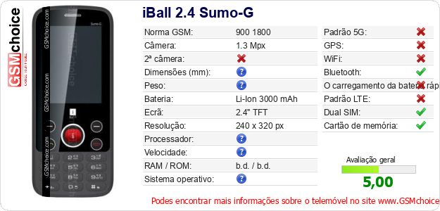 iBall 2.4 Sumo-G Especificações técnicas do telemóvel iBall 2.4 Sumo-G Especificações técnicas do telemóvel