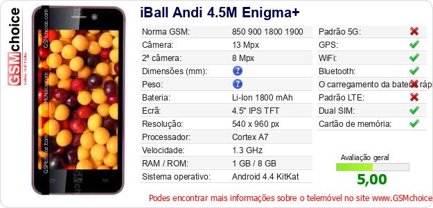 iBall Andi 4.5M Enigma+ Especificações técnicas do telemóvel iBall Andi 4.5M Enigma+ Especificações técnicas do telemóvel