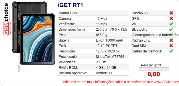 iGET RT1 Especificações técnicas do telemóvel iGET RT1 Especificações técnicas do telemóvel