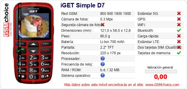 iGET Simple D7 Datos técnicos del móvil iGET Simple D7 Datos técnicos del móvil
